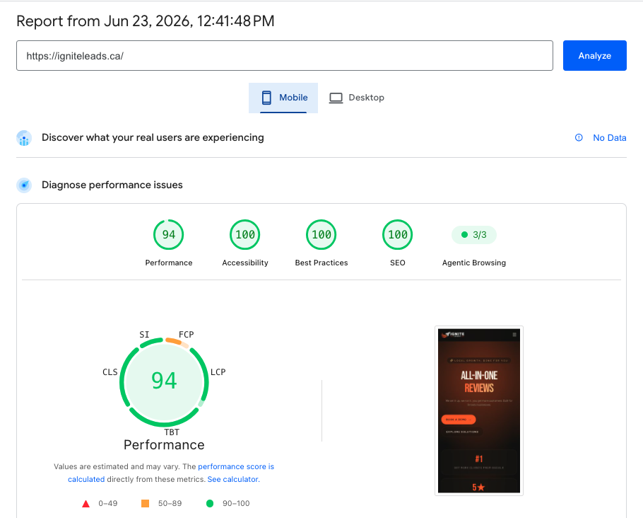 Google PageSpeed Insights report for IgniteLeads.ca showing strong mobile scores across Performance, Accessibility, Best Practices, and SEO.